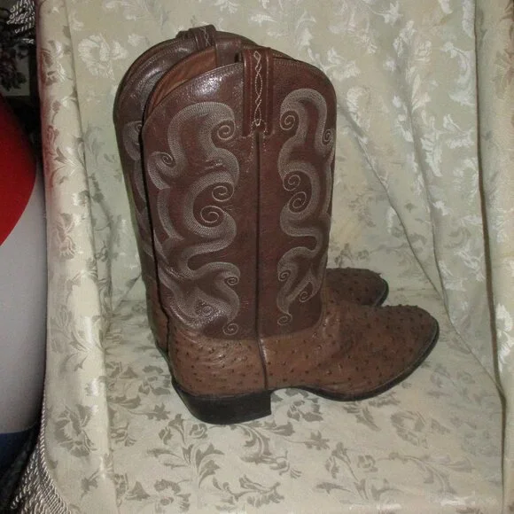 SIZE 13 TAN SADDLE TONY LAMA FULL QUILL OSTRICH COWBOY/WESTERN BROWN BOOTS - Picture 2 of 9